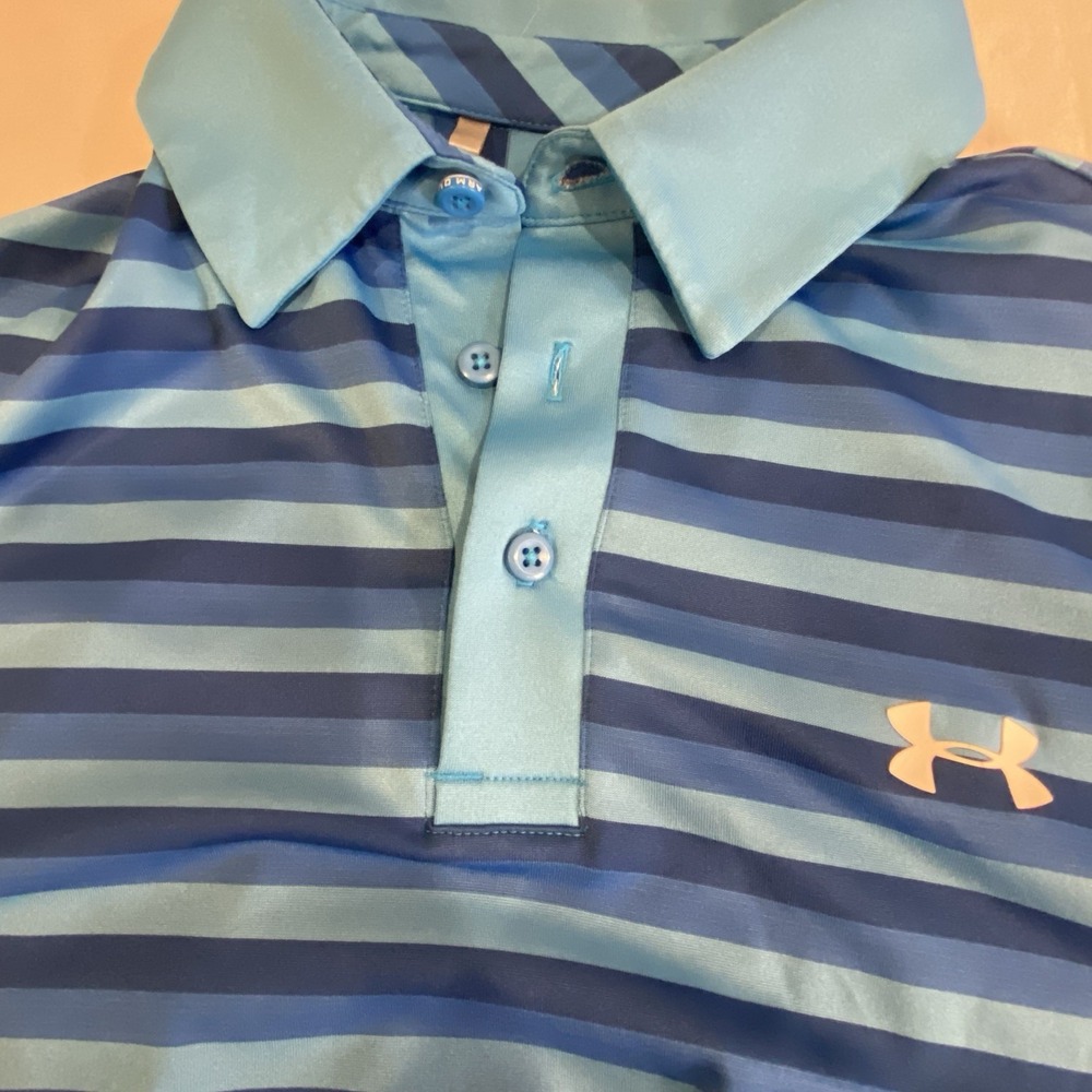 Under Armour Mens Heatgear Loose Polo Shirt Short Sleeve Blue Striped Size MED